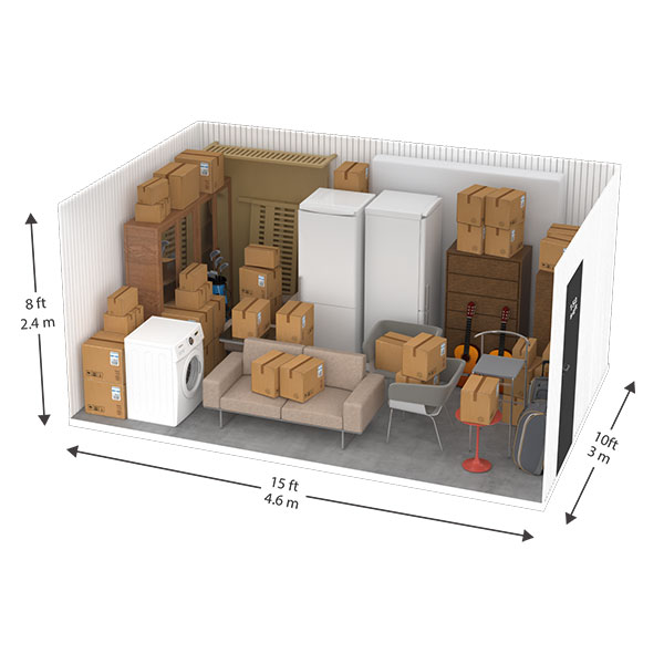 Example of a cutaway of the 150 square feet storage unit containing common household items.