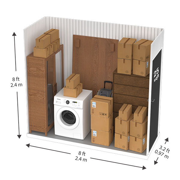 Example cutaway of the 25 square feet storage unit containing common household items.
