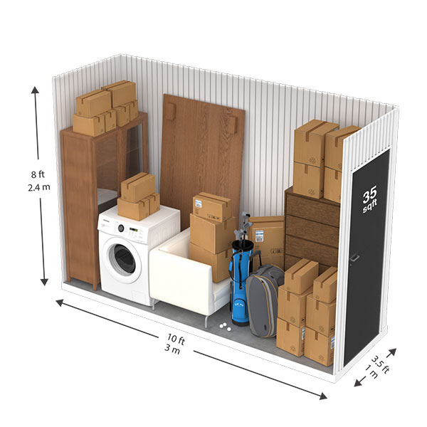 Example cutaway of the 35 square feet storage unit containing common household items.