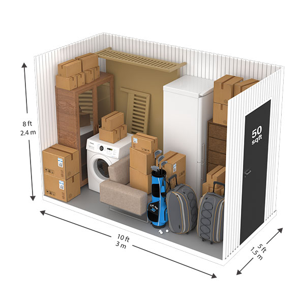 Example cutaway of the 50 square feet storage unit containing common household items.