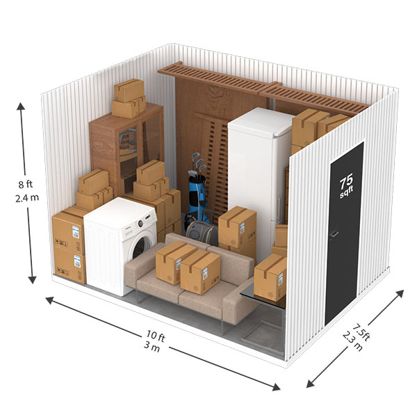 Example cutaway of the 75 square feet storage unit containing common household items.